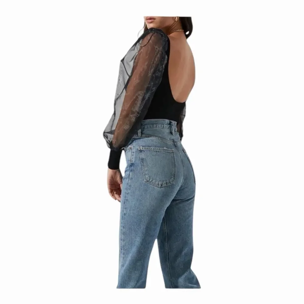 ASTR The Label Black Semi-Sheer Organza Sleeve Bodysuit NWT Size Large